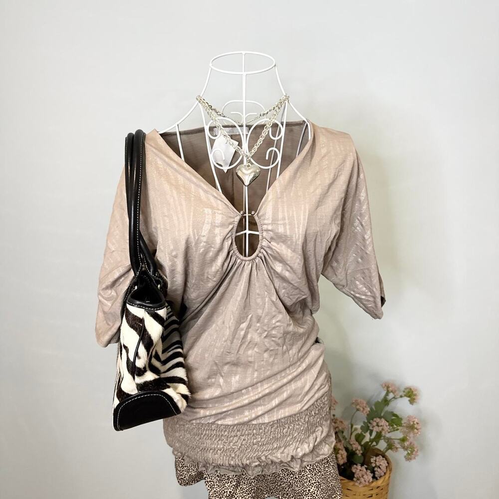 NWT Charlotte Russe vintage tan iridescent zebra print fitted babydoll blouse